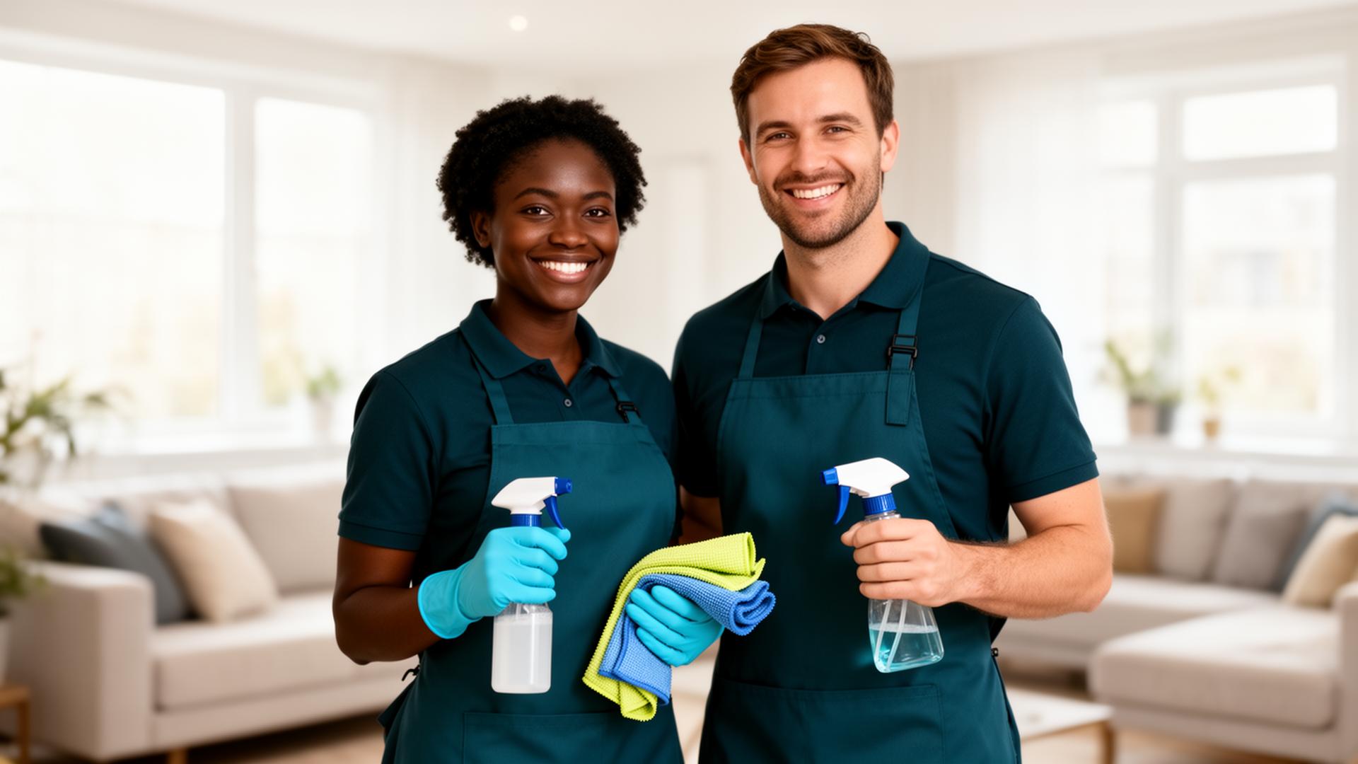 Two Jack's Cleaners team members in a bright modern living room